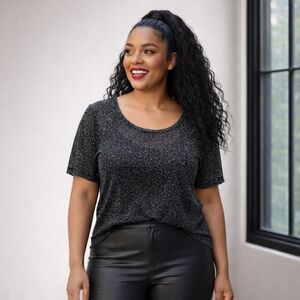 Derek Heart Black Sheer Mesh Sparkling Scoop Neck Top